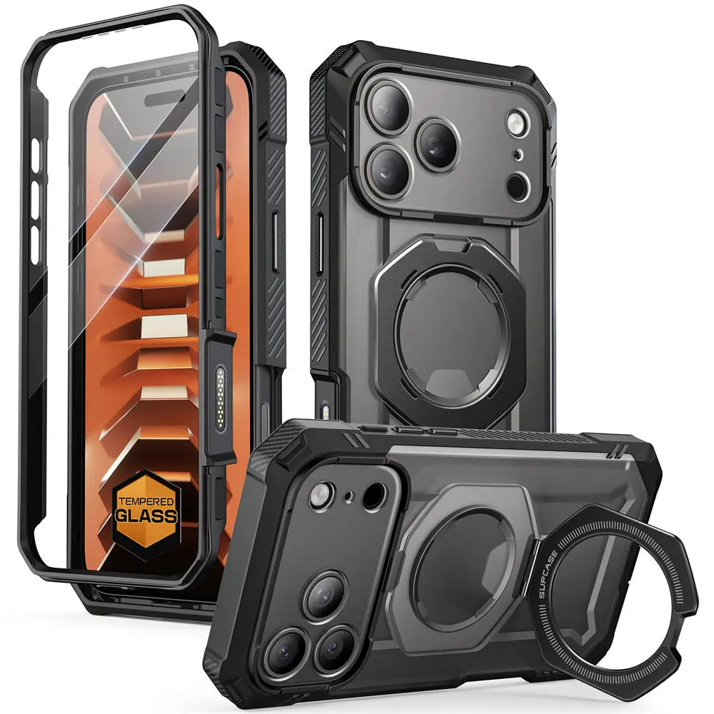 Rugged Magnetic Phone Case with Tempered Glass Screen Protector and Aluminium Kickstand for iPhone 17 Pro and iPhone 18 Pro