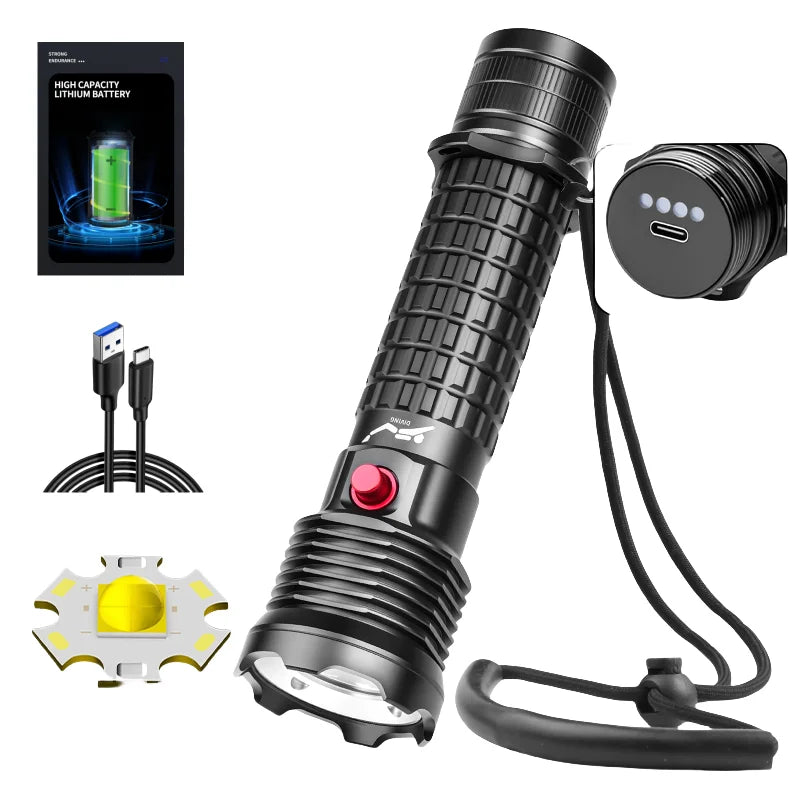 Rechargeable Diving Flashlight IPX8 Waterproof Underwater LED Torch Strong Light Dive Lamp