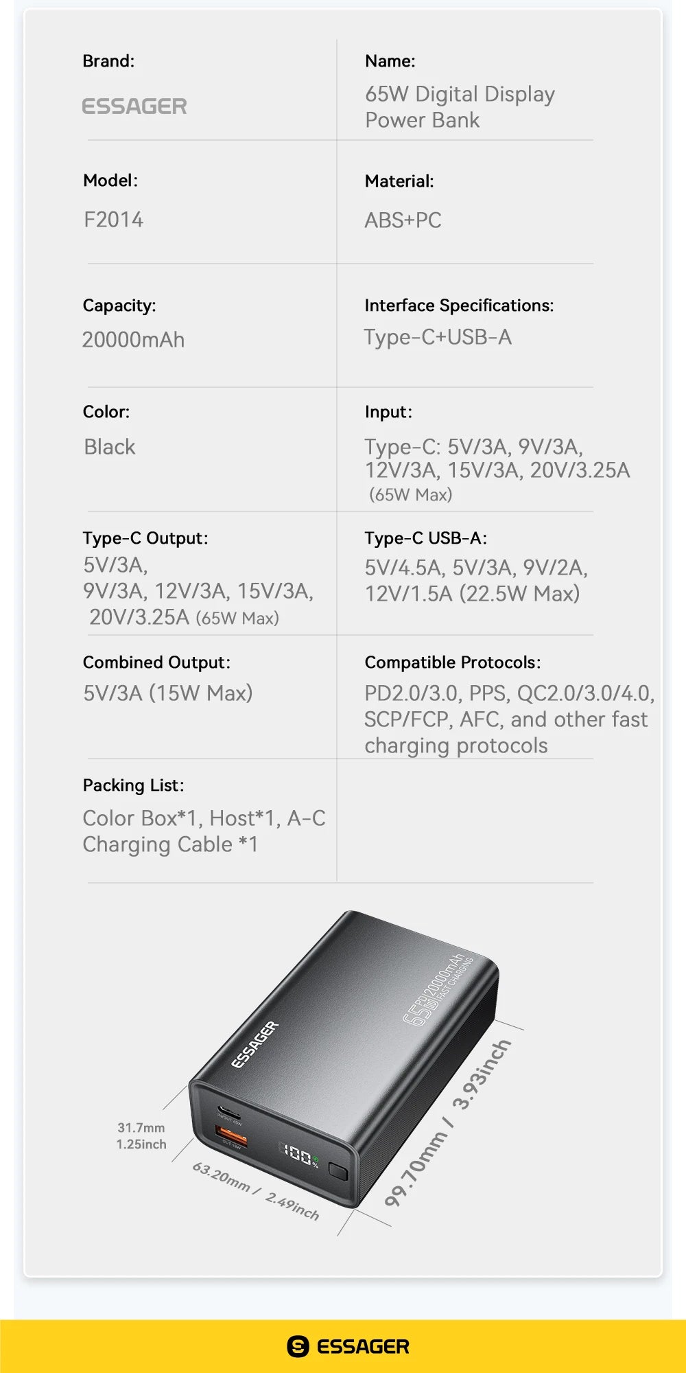 20000mAh Power Bank 65W PD Fast Charging Portable Charger USB-C with Built-in Cables for Laptop & Mobile