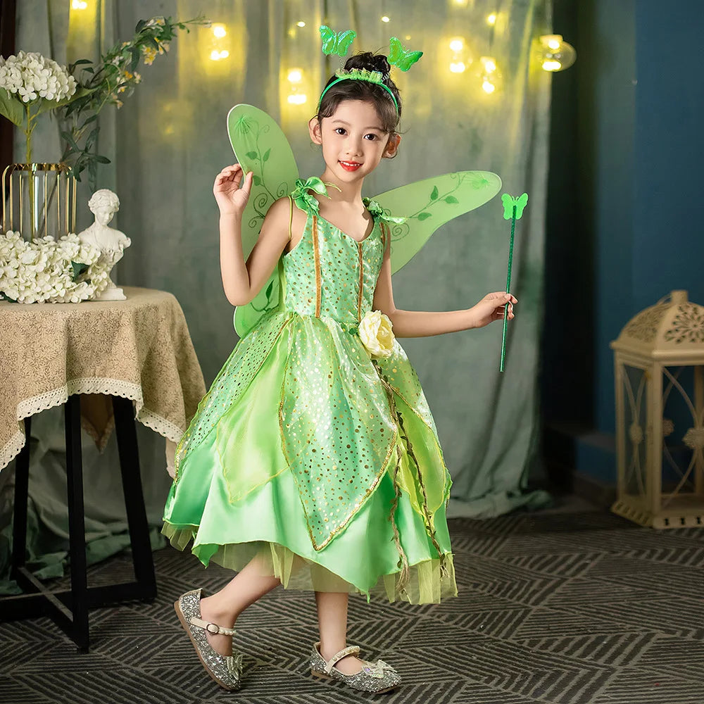 Girl Green Leaf Sequin Fairy Dress Sleeveless Strap Elf Tutu Gown Kids Birthday Party Halloween Cosplay Forest Princess Costume