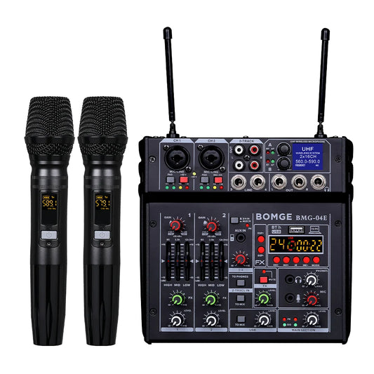 4 Channel Karaoke Audio Mixer with Dual UHF Wireless Microphones and Bluetooth