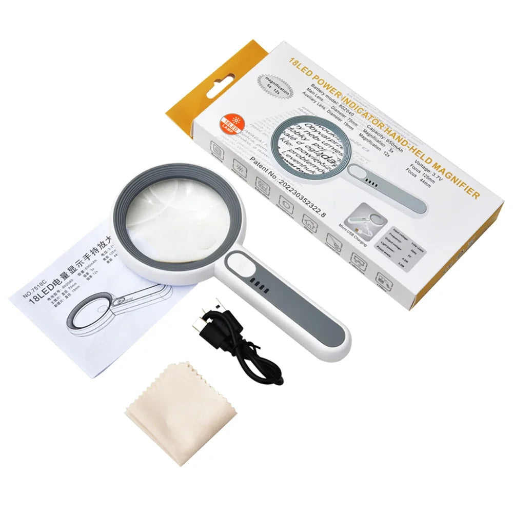 Rechargeable LED Magnifier 5X–12X Handheld with 3 Light Modes