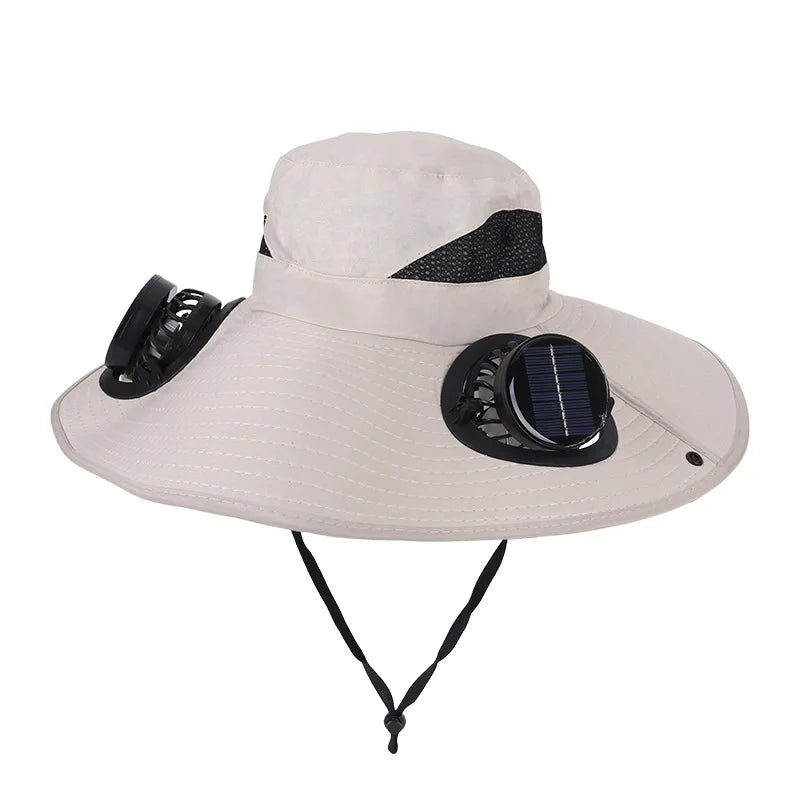 Wide Brim Solar Fan Hat With Dual Fans And USB Charging