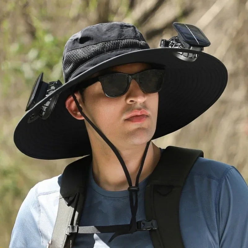 Wide Brim Solar Fan Hat With Dual Fans