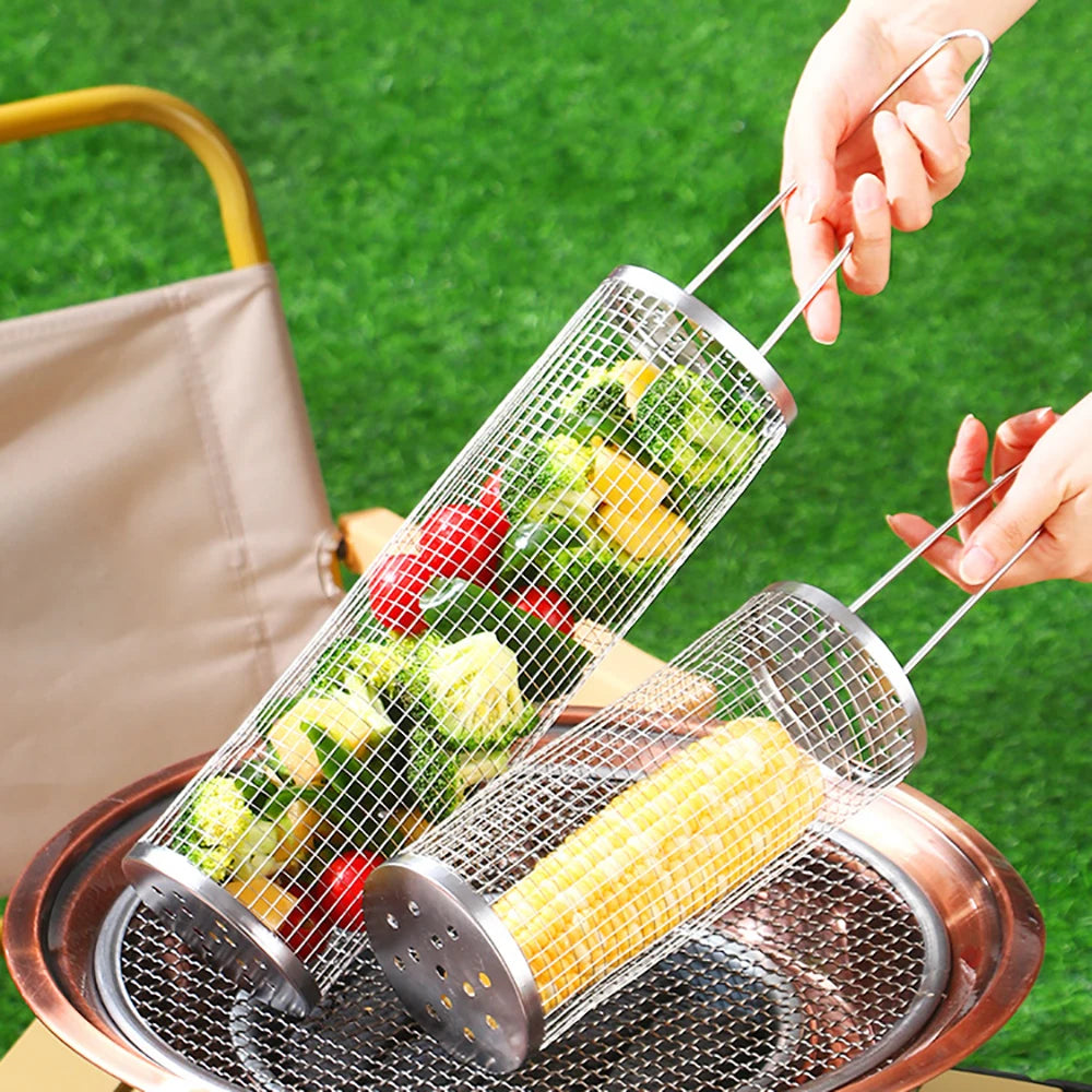 Stainless Steel Grill Basket Portable Barbecue Cage Rolling Grilling Basket Barbecue Tool BBQ Basket Outdoor Grill Accessories