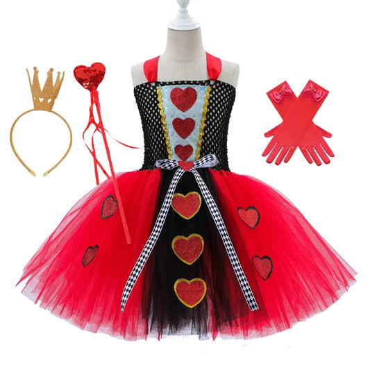 Girls Wonderland Fairy Tale Fancy Dress Sparkly  Evil Red Queen  Dress Halloween Cosplay Costumes Villain Clothes