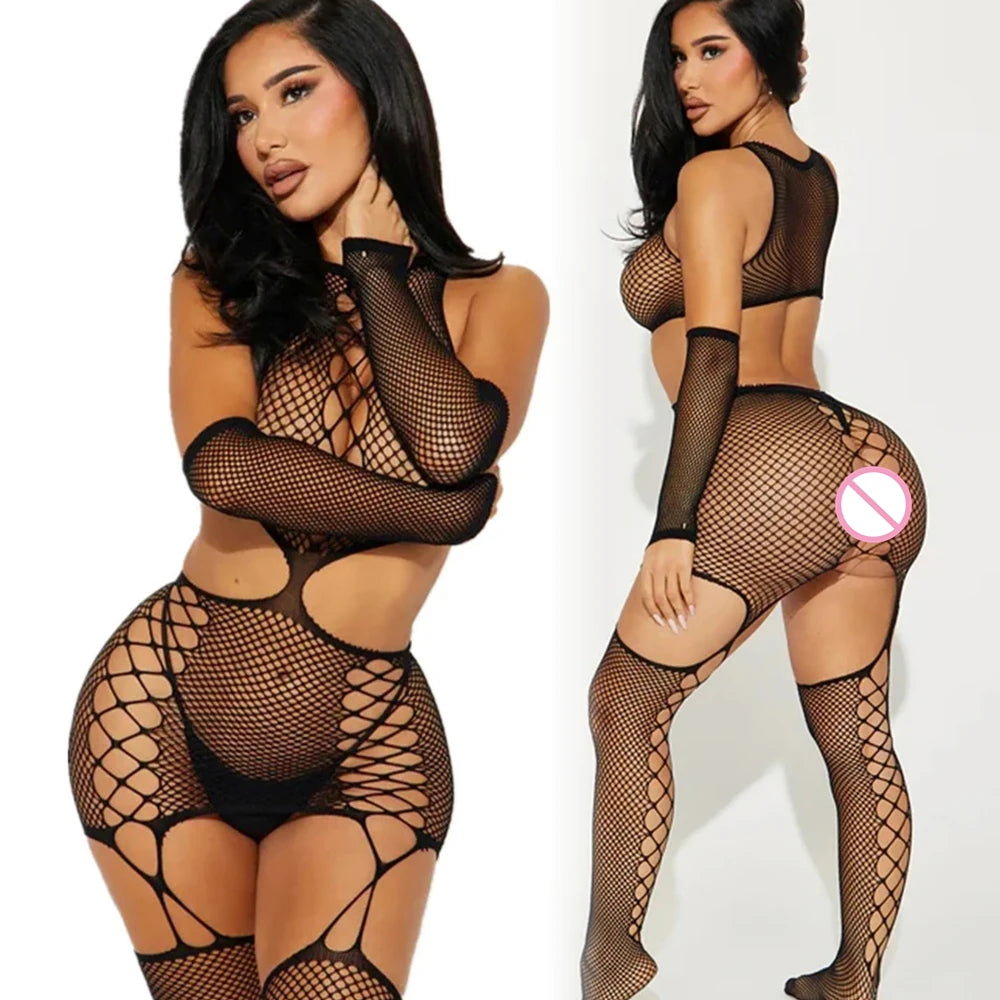 Hollow Bodystocking Erotic Baby doll Teddies Costumes Lingerie Erotic Mesh Fishnet Bodysuit Crotchless Body Stockings