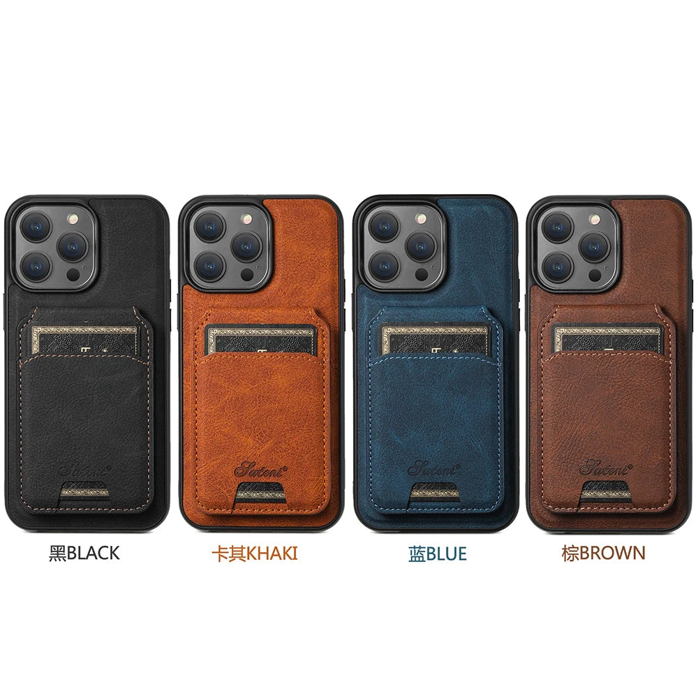 Leather for Magsafe Case for iPhone 16 15 Pro Max 16e 14 Plus 16Plus Bracket  Back Cover with Card Holder