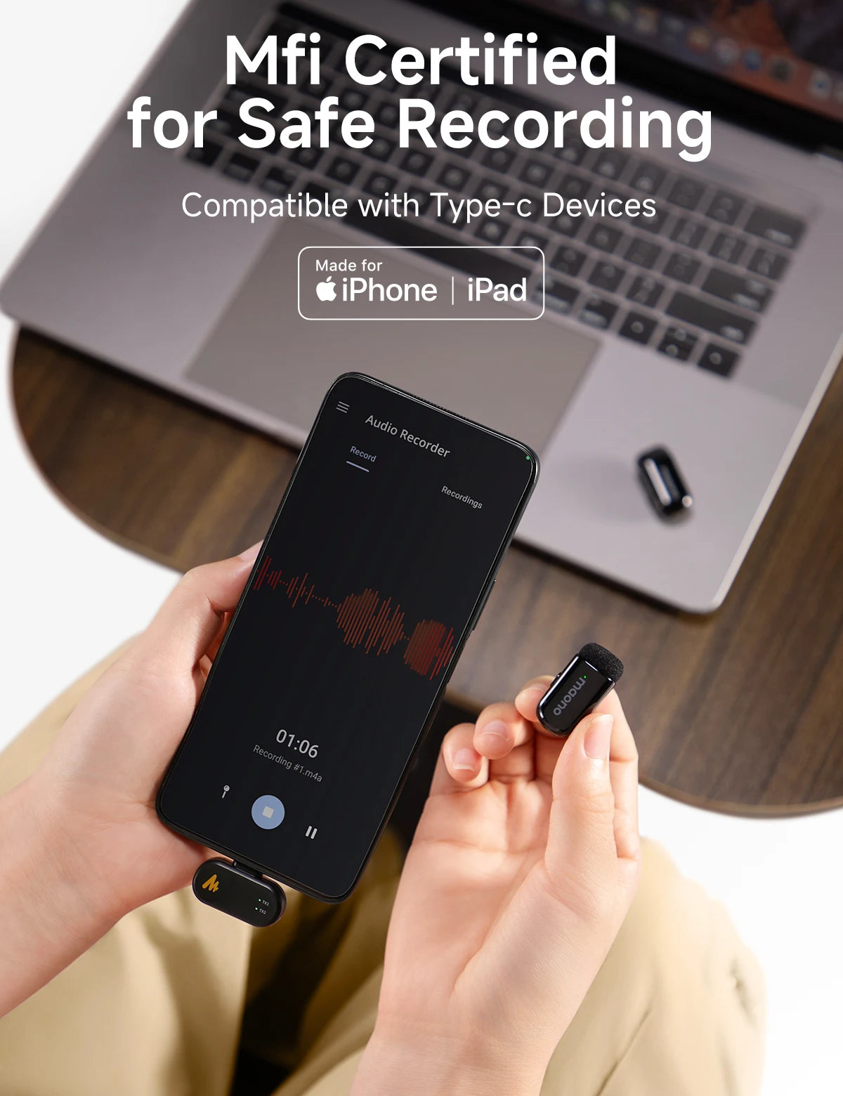 Wireless Lavalier Microphone with AI Noise Cancellation Auto Clipping and App Control