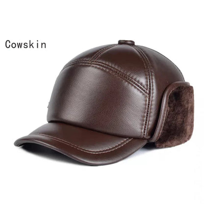 Winter Men's  Hat Thicken Leather Cowhide Baseball Caps With Ears Warm Snapback