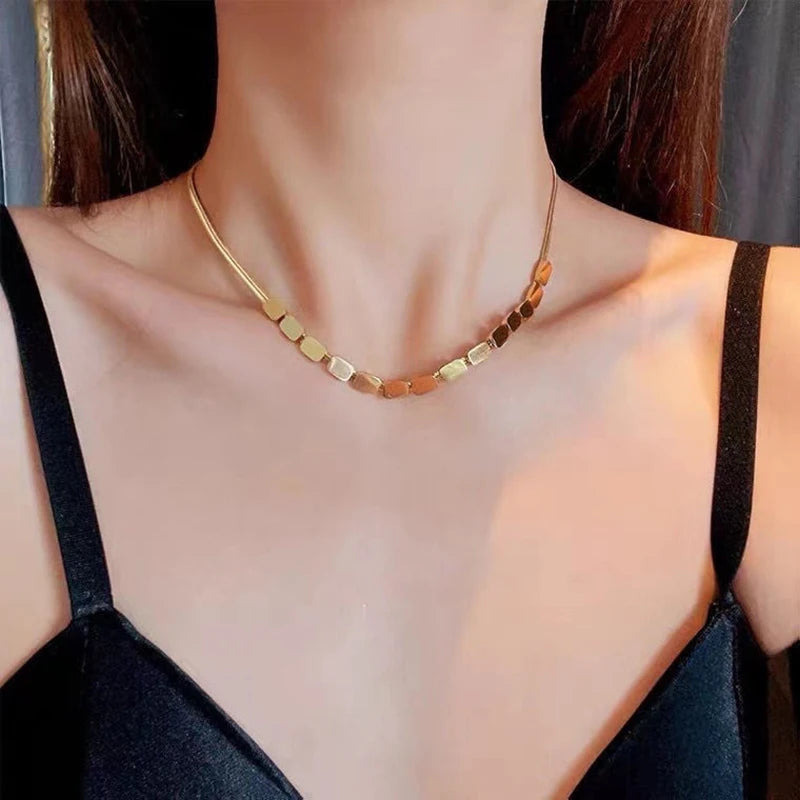 Minimalist Gold Color Smooth Square Charms Necklace for Women Stainless Steel Snake Chain Choker Necklace