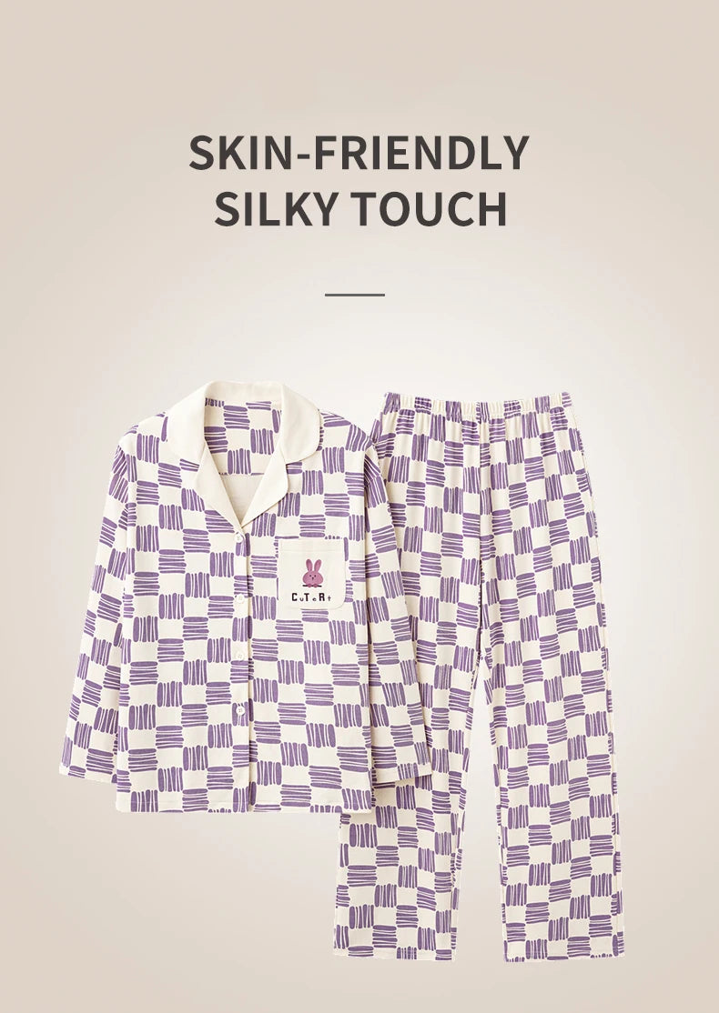 Women’s Winter 100% Cotton Pajama Set – Loose Fit, Turn-Down Collar, Long Sleeves, Cute Pink