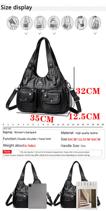 Women Casual Multiple Pockets Tote Bag Lady Large Capacity Shoulder Crossbody Bag Vintage Soft Leather Travel Bag