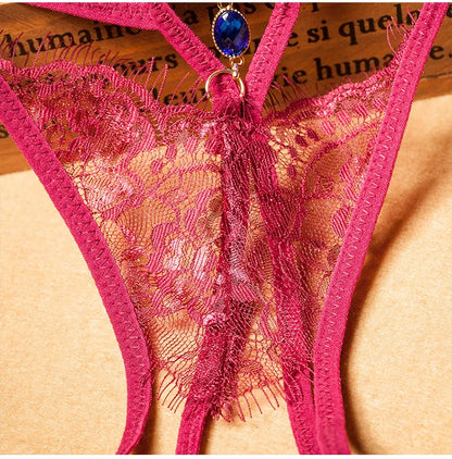 Lace Thong Women Lingerie Cross Straps Ultra-thin Hollowed Out Seductive Underwear G-String Jewels T-back