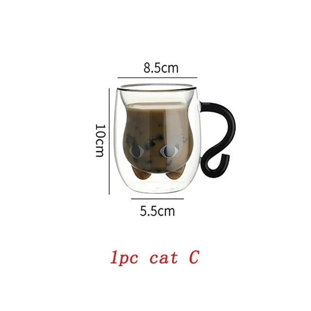 250ml Cartoon Cat Double Wall Glass Cute Coffee Tea Cup Heat-resistant Coffee Mug Handle Espresso Cup For Latte Cappuccino