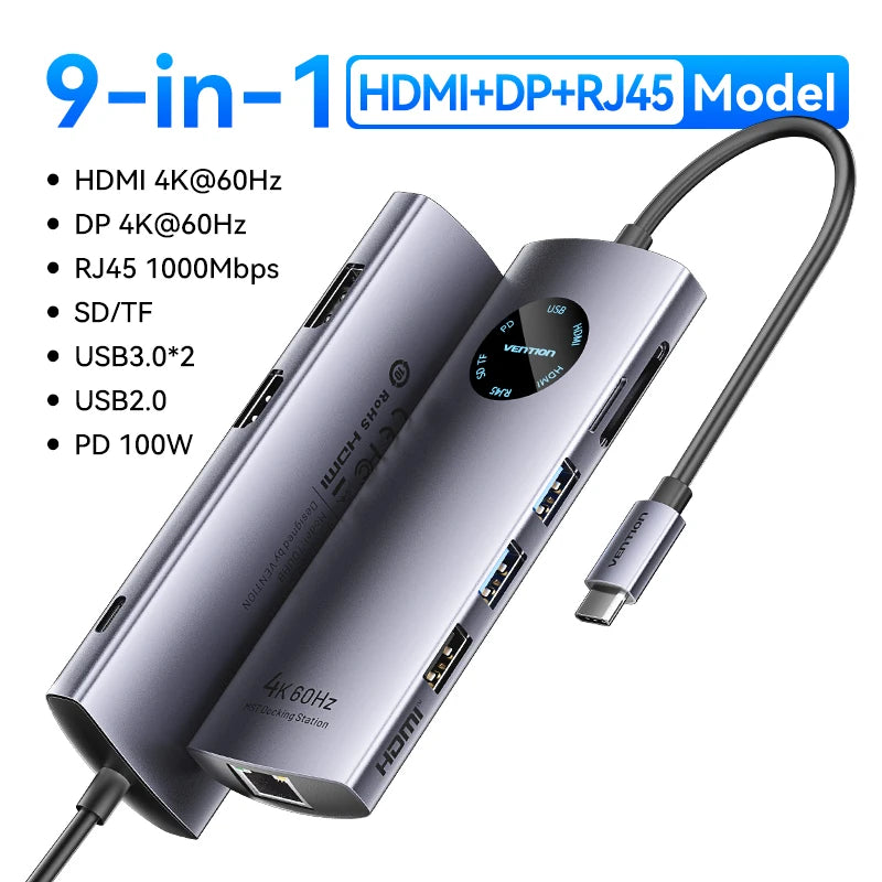 MST Docking Station Type C to HDMI DP 4K 60Hz RJ45 USB 3.0 HUB PD 100W USB C Splitter for PC Laptop Macbook Tablet