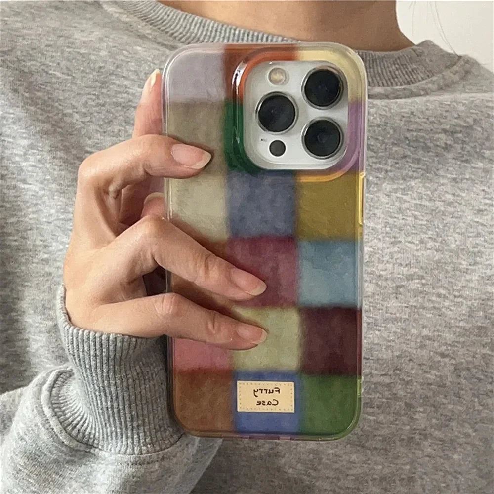 Dopamine Color Block Match Plaid Phone Case For iPhone 17 16 15 14 16E Grid Label Matte Cover