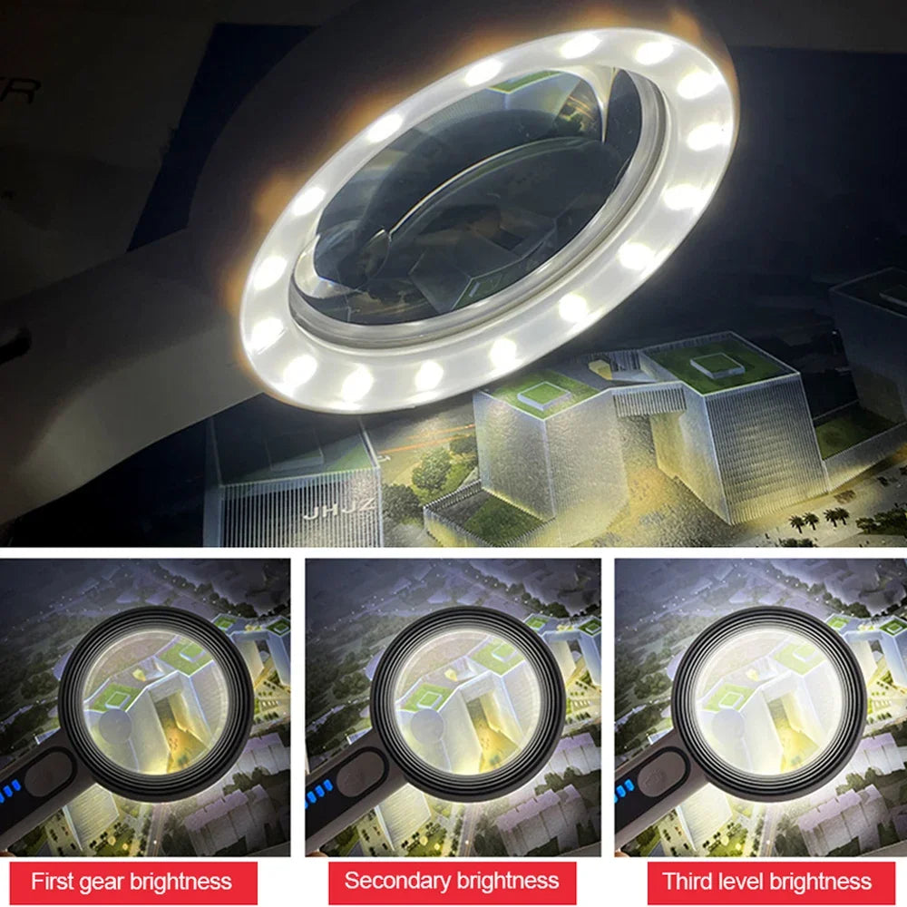 Rechargeable LED Magnifier 5X–12X Handheld with 3 Light Modes