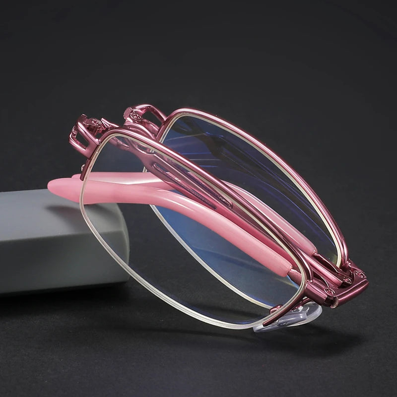Pink Folding Reading Glasses with Blue Light Blocking Lenses and Alloy Frame