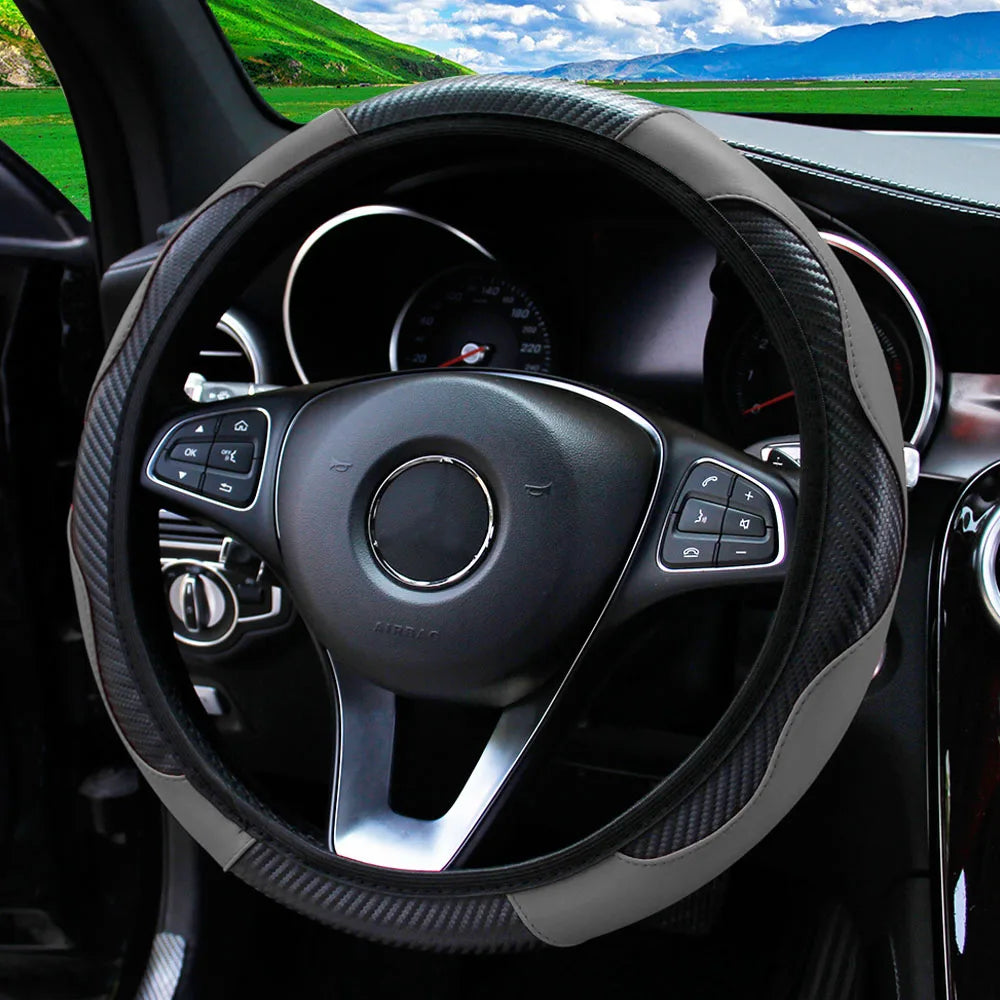 PU Carbon Fiber Leather Car Steering Wheel Cover 37CM 38CM