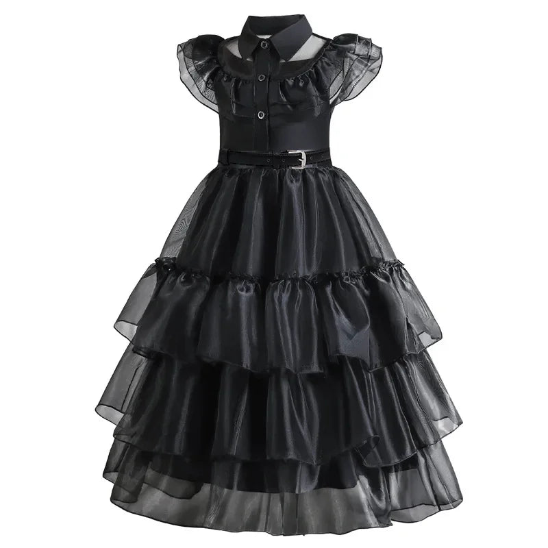 Girls Mesh Hollowed Out Cake Long Dress Cosplay American Drama Matching Ball Dress Black Kids Cospaly Dresses for Halloween