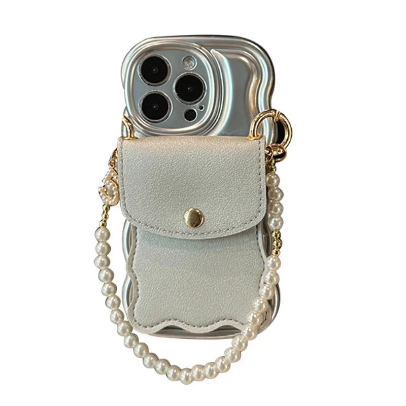 Luxury Glossy Pearl Lanyard Mini Bag For iPhone 14 13 Pro Max TPU Korea Lady Lens Protection Anti-Drop Soft Cover
