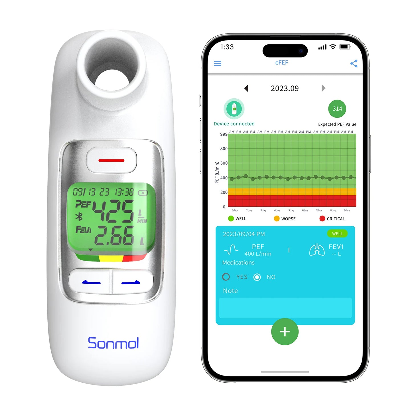 Digital Spirometer Peak Flow Meter for Asthma COPD (PEF) and Forced Expiratory Volume (FEV1) Smart Personal Portable Espirometer