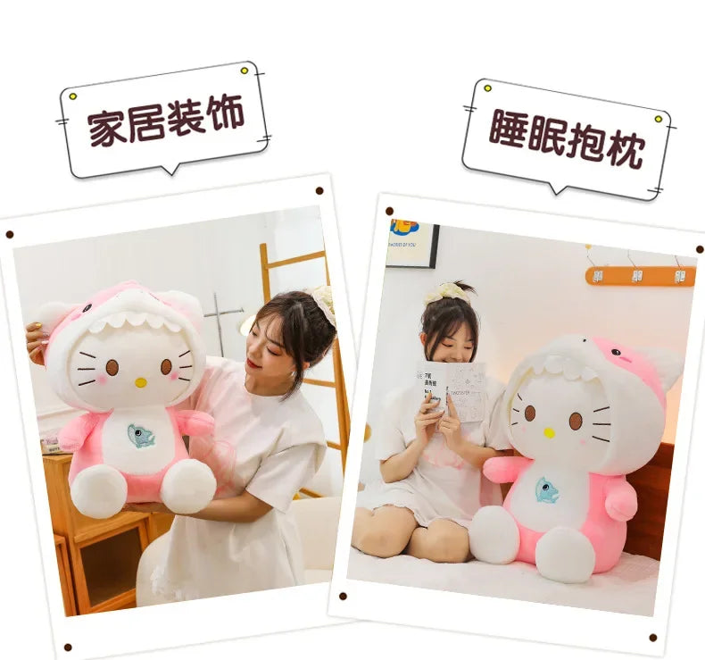 60cm Sanrio Shark Hello Kitty Cat Plush Toys Cartoon KT Cat Plushie Doll Soft Stuffed Anime Pillow Birthday Gifts for Kids Girls