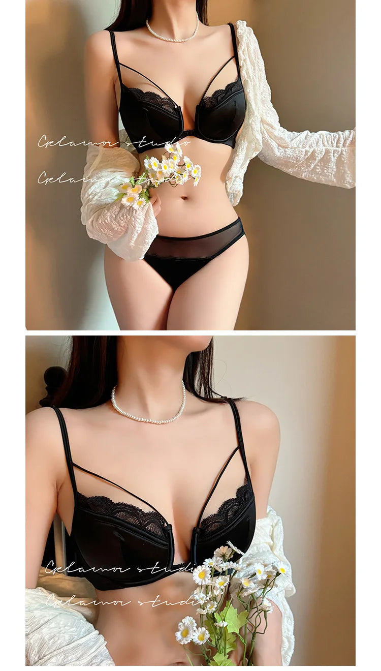 Womens French Lace Front Closure Push Up Bra and Brief Set