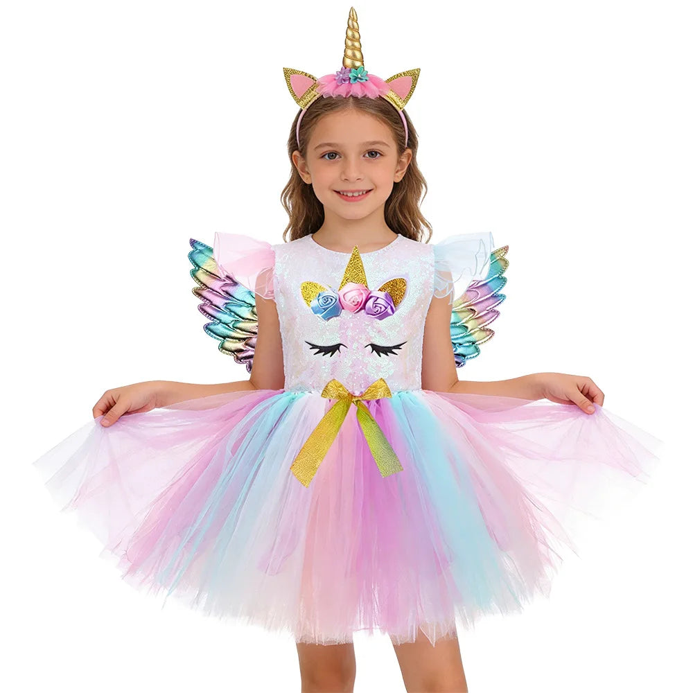 Unicorn Princess Tutu Dress with Flutter Sleeves and Sequin Tulle