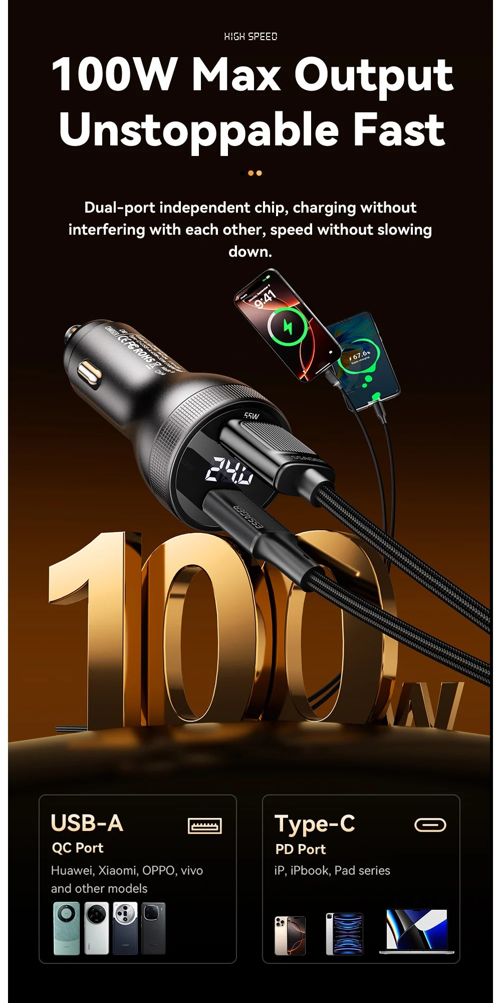 100W USB C Car Charger PD 3.0 QC 4.0 Fast Charging Dual Port Type C + USB Adapter