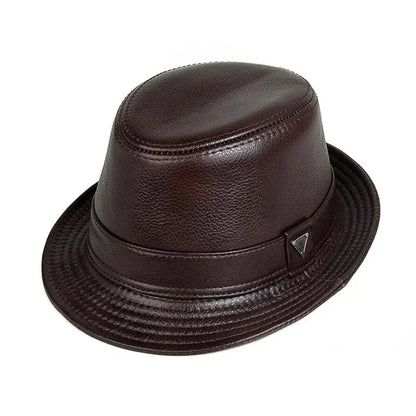 Man High Quality Genuine Leather Jazz Fedora Gentleman Cow Skin Short Brim Fitted Top Hat Male Shows