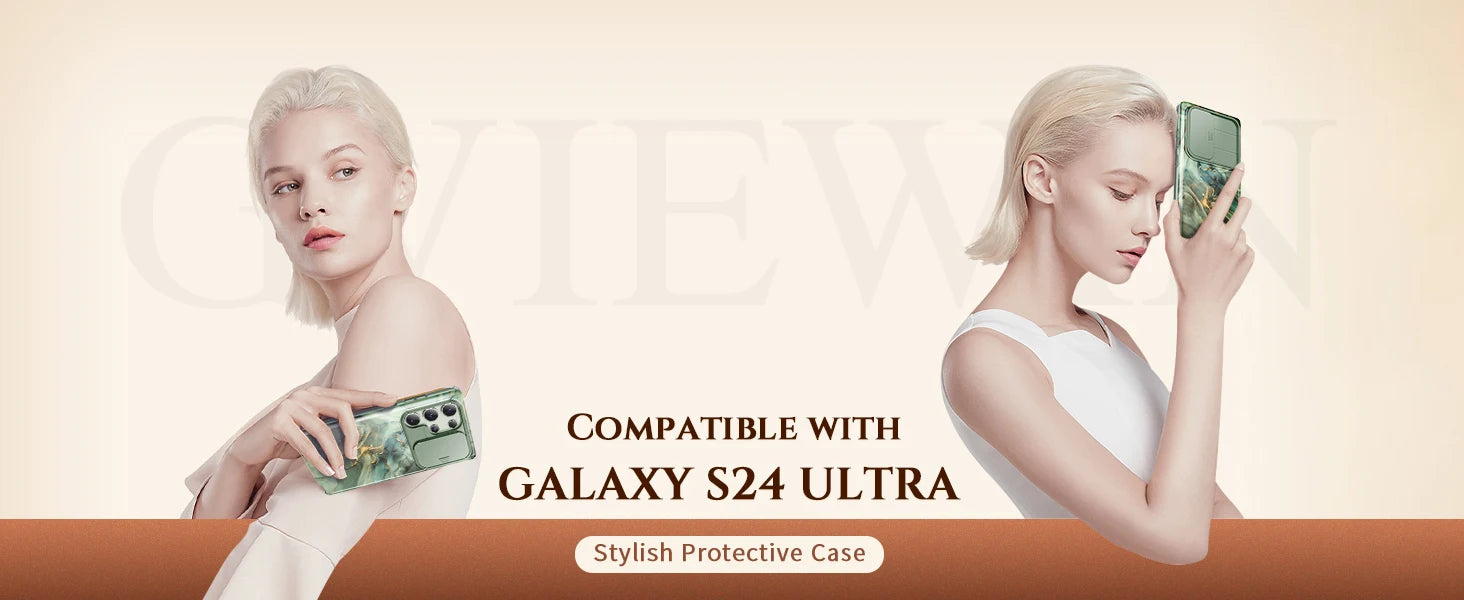 For Samsung Galaxy S24 Ultra Case with 2 Front Frames Slide Camera Lens Protection Heavy Duty Shockproof Marble Phone Case Cover