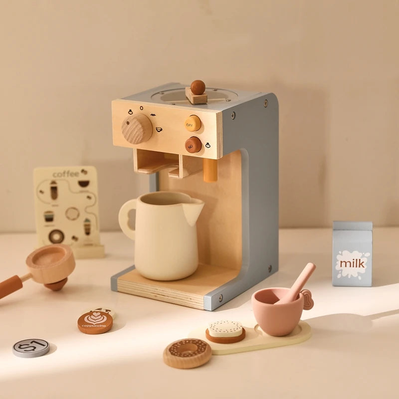 Kids Kitchen Toys Set Wooden Coffee Maker Set Simulation Donut Afternoon Tea Toys Game Kid Educational Toy Gifts for Girls Boys