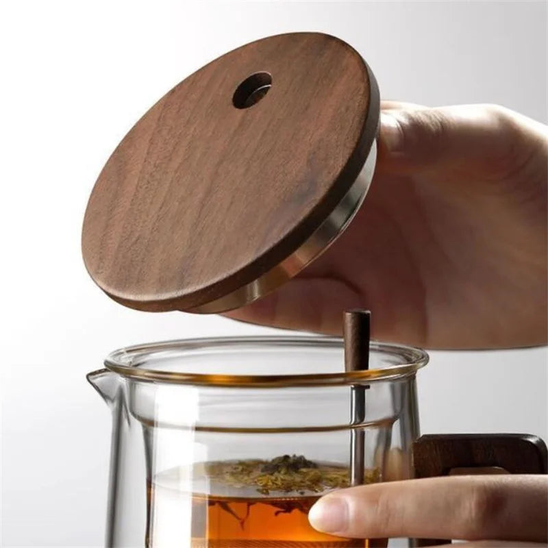 Water Separation Glass Teapot with One Click Tea Infuser and Wood Handle