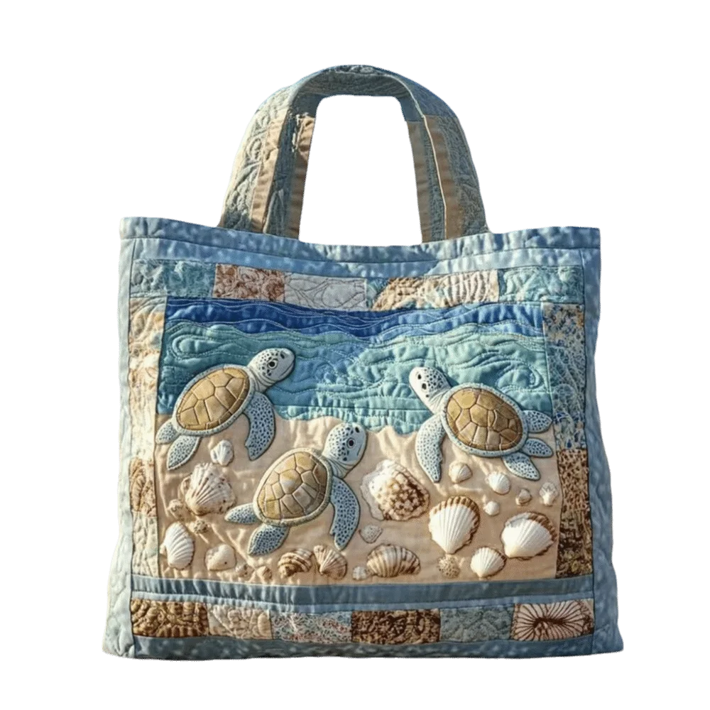 Turtle Print Quilted Canvas Tote Bag Large Capacity Shoulder Handbag