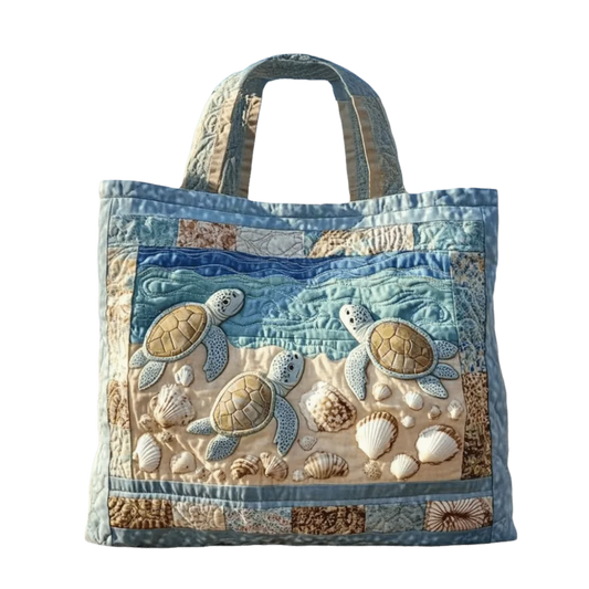 Turtle Print Quilted Canvas Tote Bag Large Capacity Shoulder Handbag