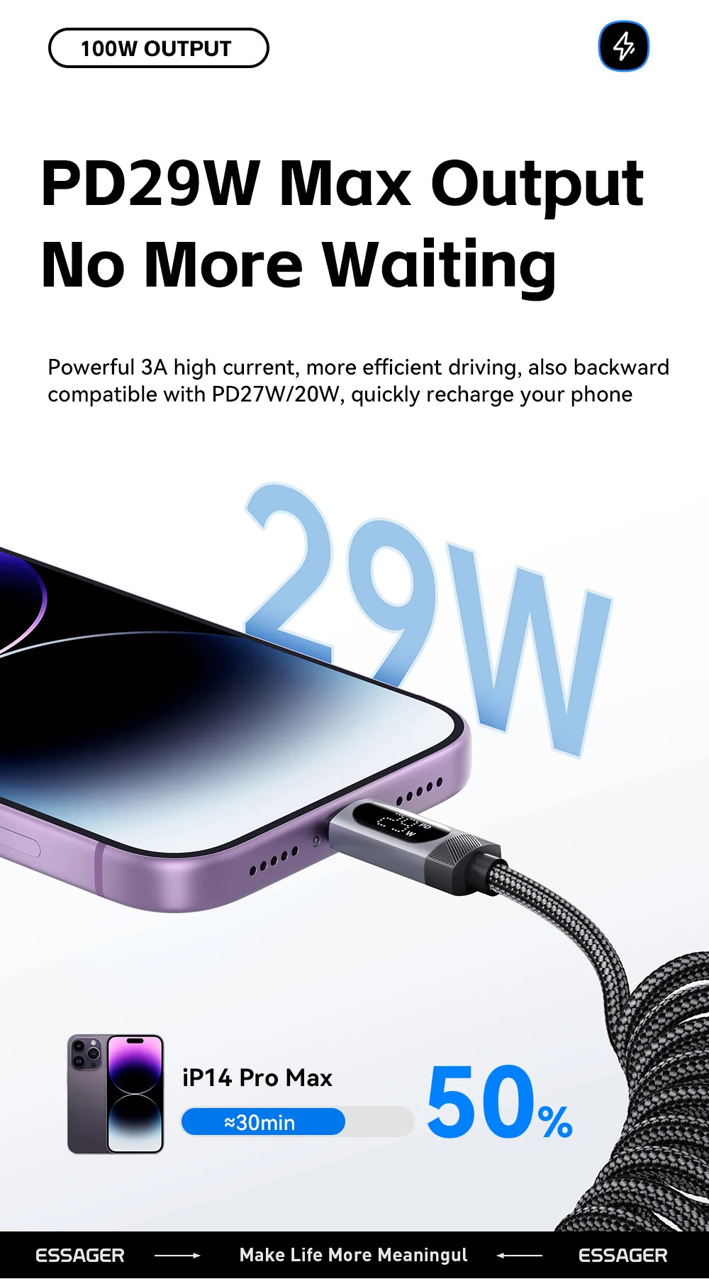 Car Spring USB-C to Lightning Fast Charging Cable with Digital Display