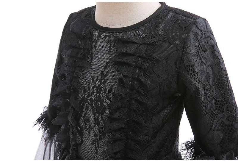 Halloween Witch Dress For Girls Black Evil Queen Cosplay Costume Luxury Lace Ruffles Floor Length Outfits Kids Carnival Frocks