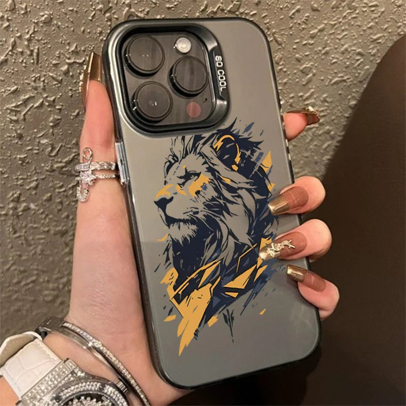 Cross Pattern Bicolor Lion Phone Case For iPhone 14 15 16 Pro Max Shockproof Anti Fall Back Cover