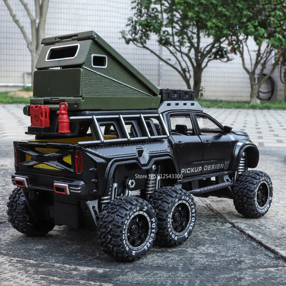 1:28 Scale X-Class 6x6 UNIMOG Motorhome Camping Car Model Toy Shock Absorption Sound Light Pull Back Off-road Vehicles Boys Gift