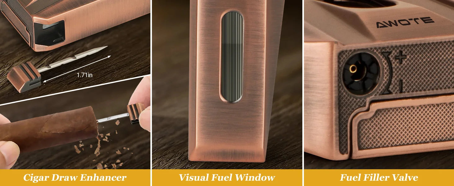 Cigar Lighter with Double Jet Flame, Refillable Cigar Torch Lighter with Cigar Holder, V-Cigar Cutter, Cigar Draw Enhancer