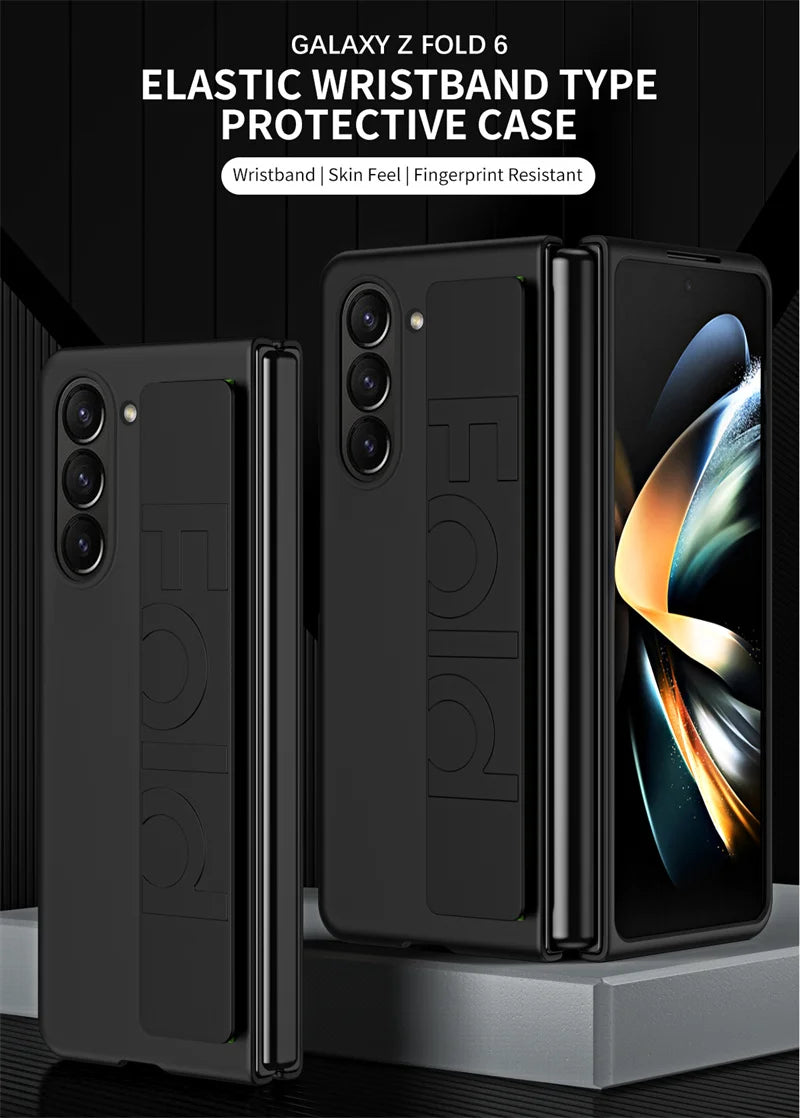 Matte Hard Plastic Grip Case Strap for Samsung Galaxy Z Fold 5 4 3 6 Wristband Elastic Armor Cover For Samsung Z Fold5 Fold6