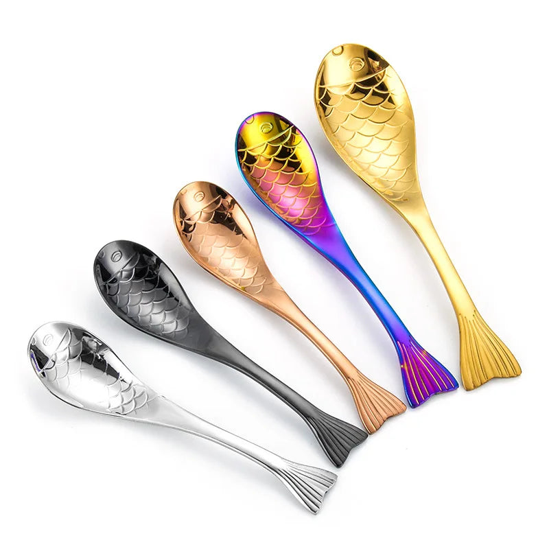 Cute Fish-Shaped Stainless Steel Soup Spoon, Food Grade Cutlery for Ice Cream Desserts, Creative Mermaid Spoon Kitchen Tableware