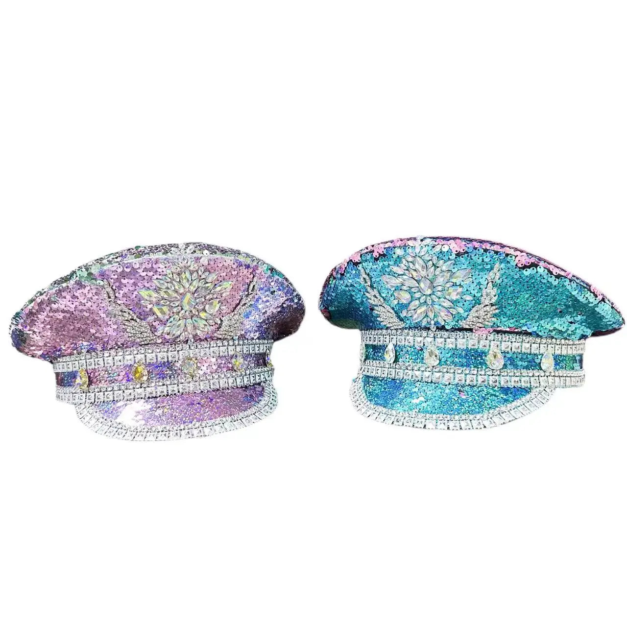 Burning Man Military hats Blue purple sequined Rhinestone Navy hats suitable for Festival Beach Outdoor Halloween Hat