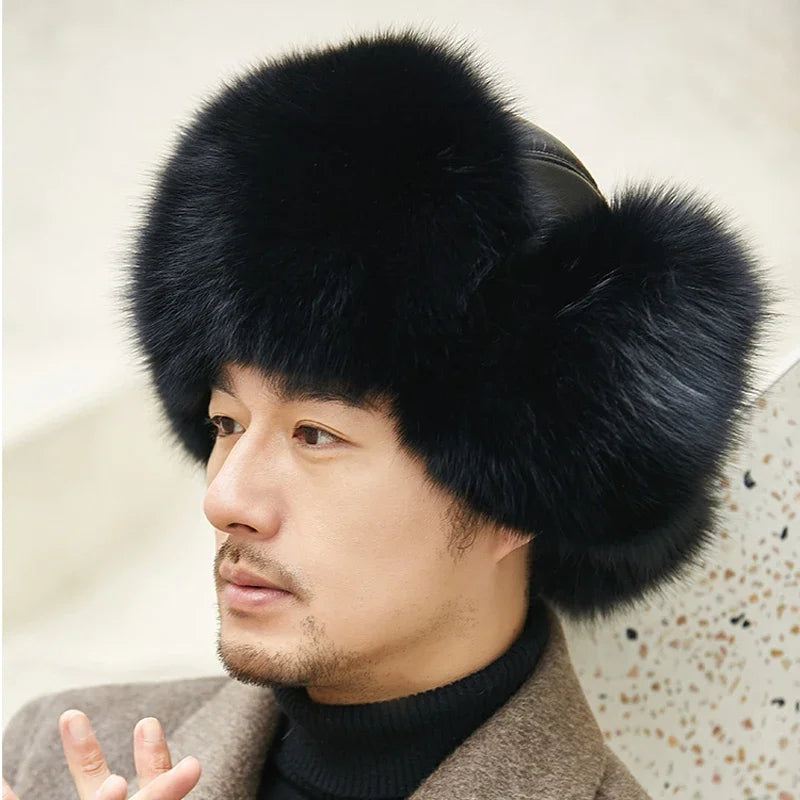 Fox Fur Cap Man Winter Genuine 100% Fur Bomber Hat Windproof Warm Earmuffs Male Flat Grey/Black Russian Hat Fitted Casquette