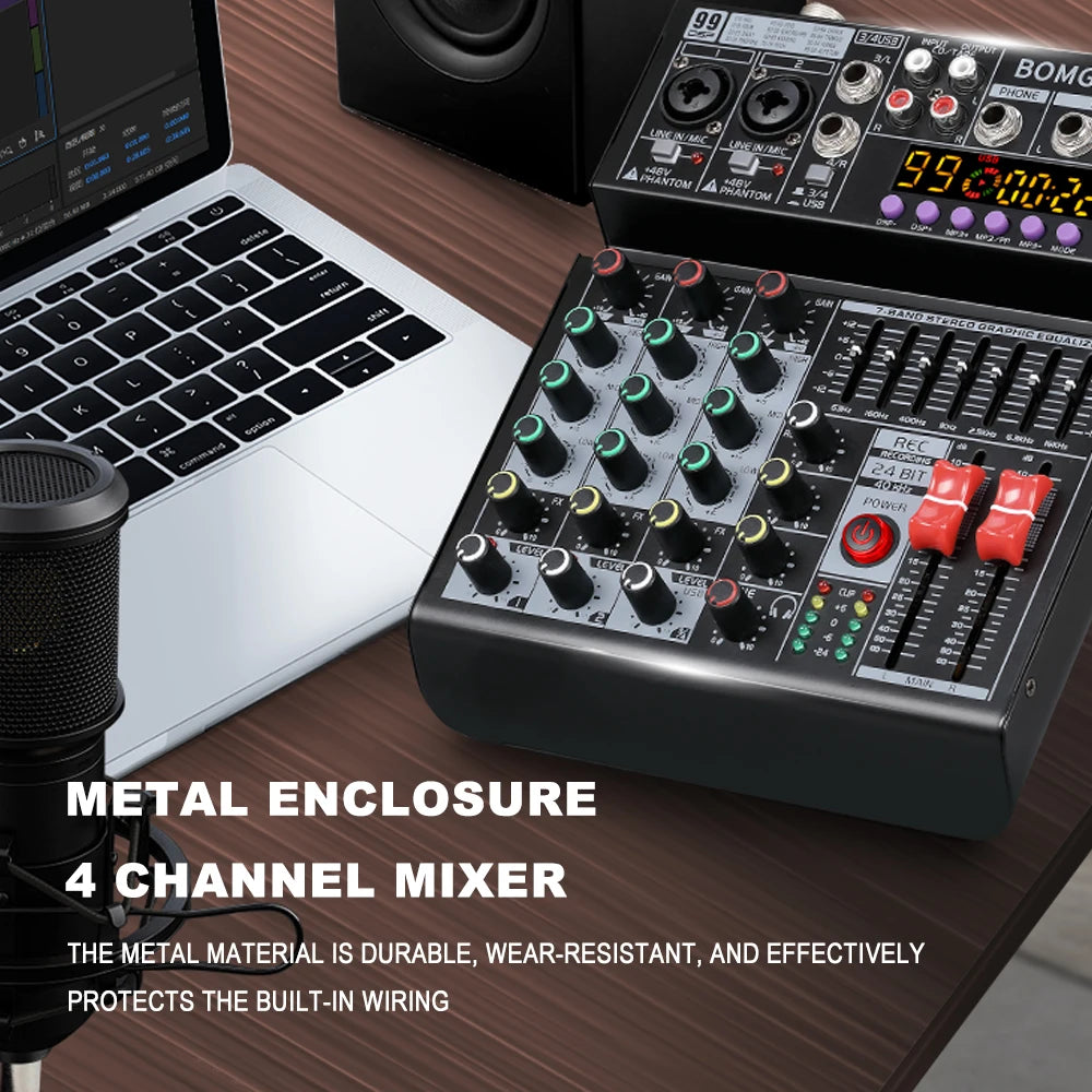 4 Channel Audio Mixing Console with 99 Band EQ USB Recording and Bluetooth