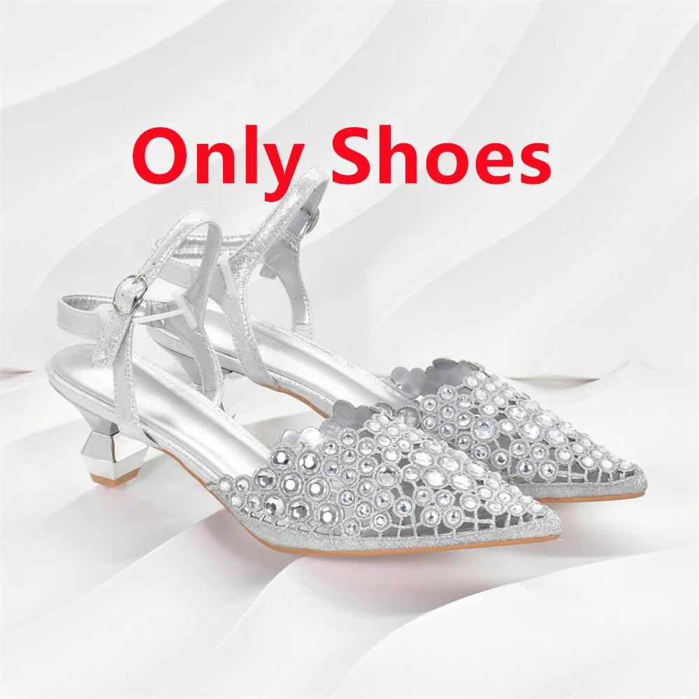 Italian Shoes and Bags Matching Set Rhinestones African Pointed Toe Women High Heel Evening Party Pumps Wedding Shoes Bride