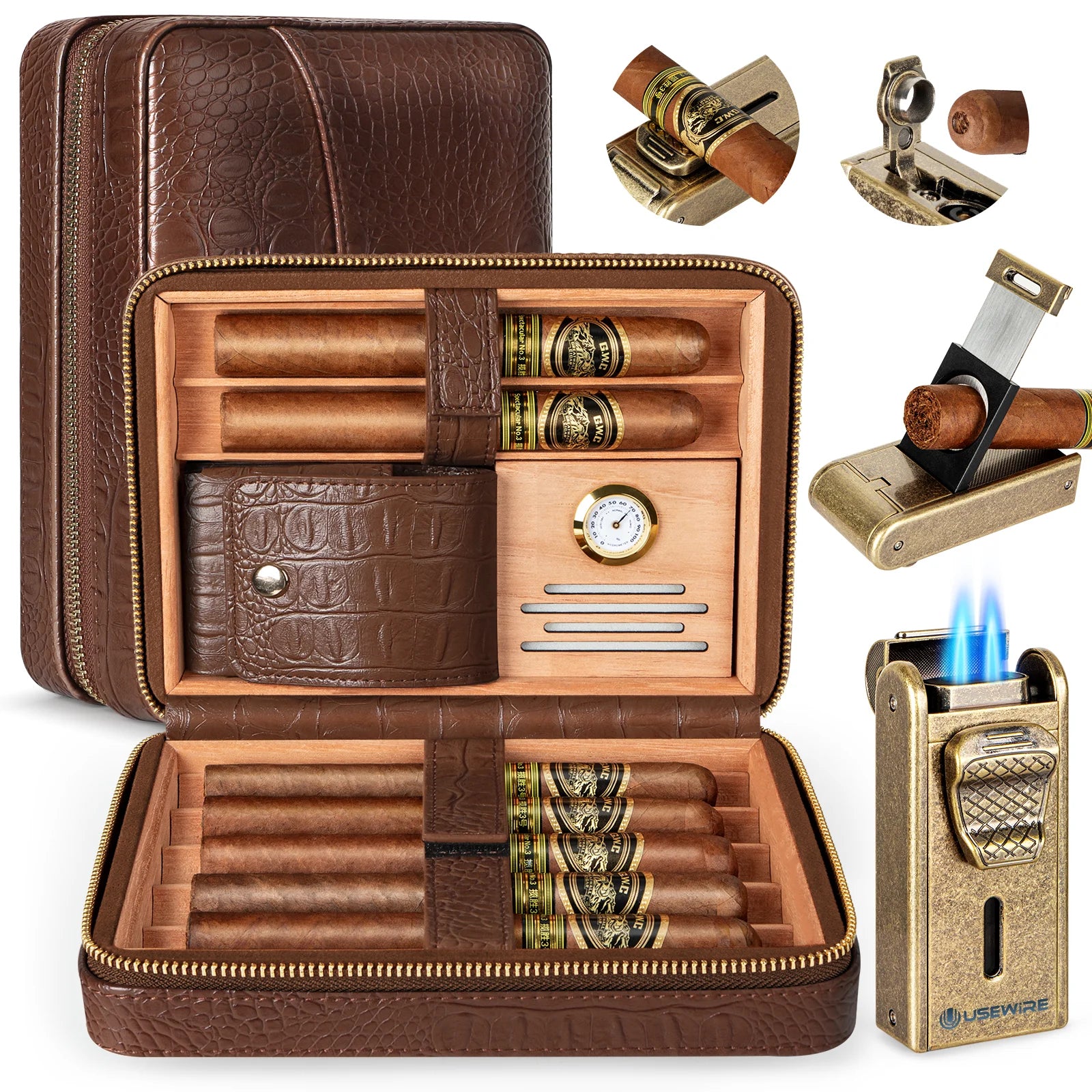 Leather Cigar Humidor with Cigar Lighter,Built-in Straight Cigar Cutter and Cigar Punch,Humidifier and Cedar Tray