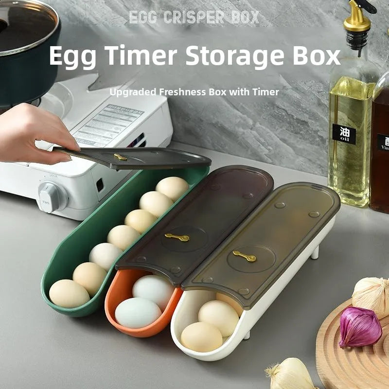 Refrigerator Egg Tray with Stable Timer & Cover – Automatic Egg Storage Box Home Food Organizer